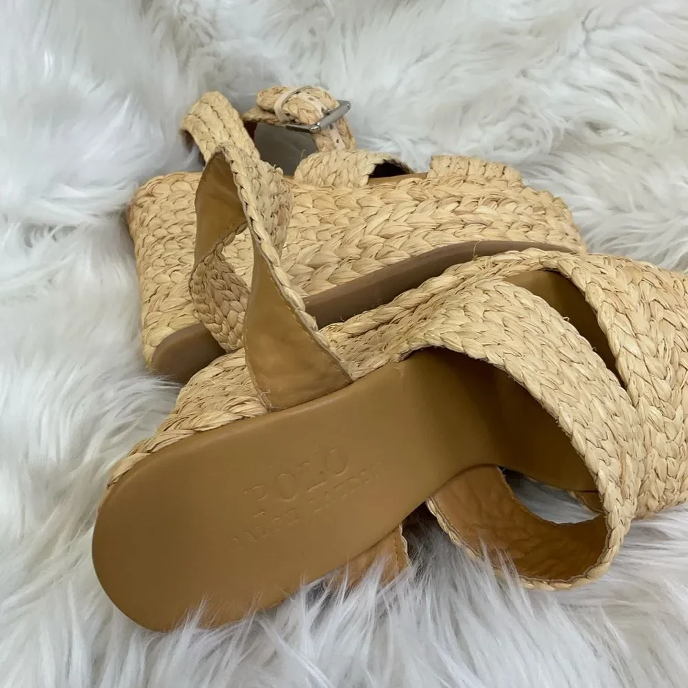 Polo Ralph Lauren Tan Ankle Strap Straw Wedge Sandals Size 7 EUR 37.5